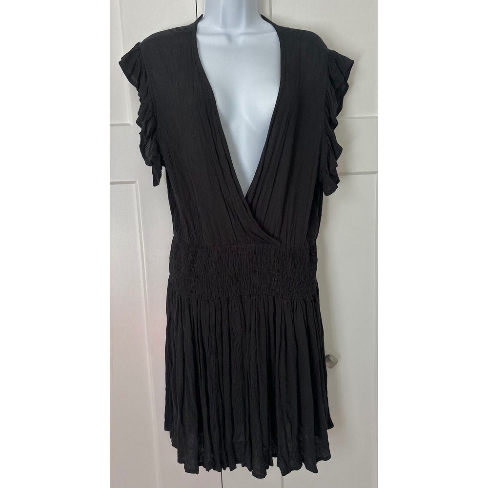 Elan Black Crinkle Gauze V-Neck Smocked Waist Ruffle Sleeve Mini Dress Large NWT
